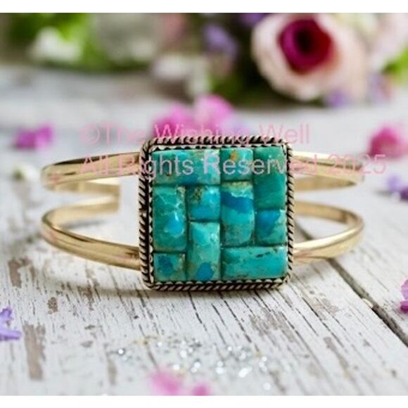 Kingman Turquoise | Grid Inlay Mosaic Square | Cuff Bracelet Size 6-8 - Picture 2 of 5